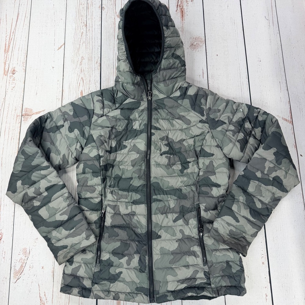 Columbia Powder Lite Hooded Jacket Womens Small Grey Camo Omni-Heat Puffer
